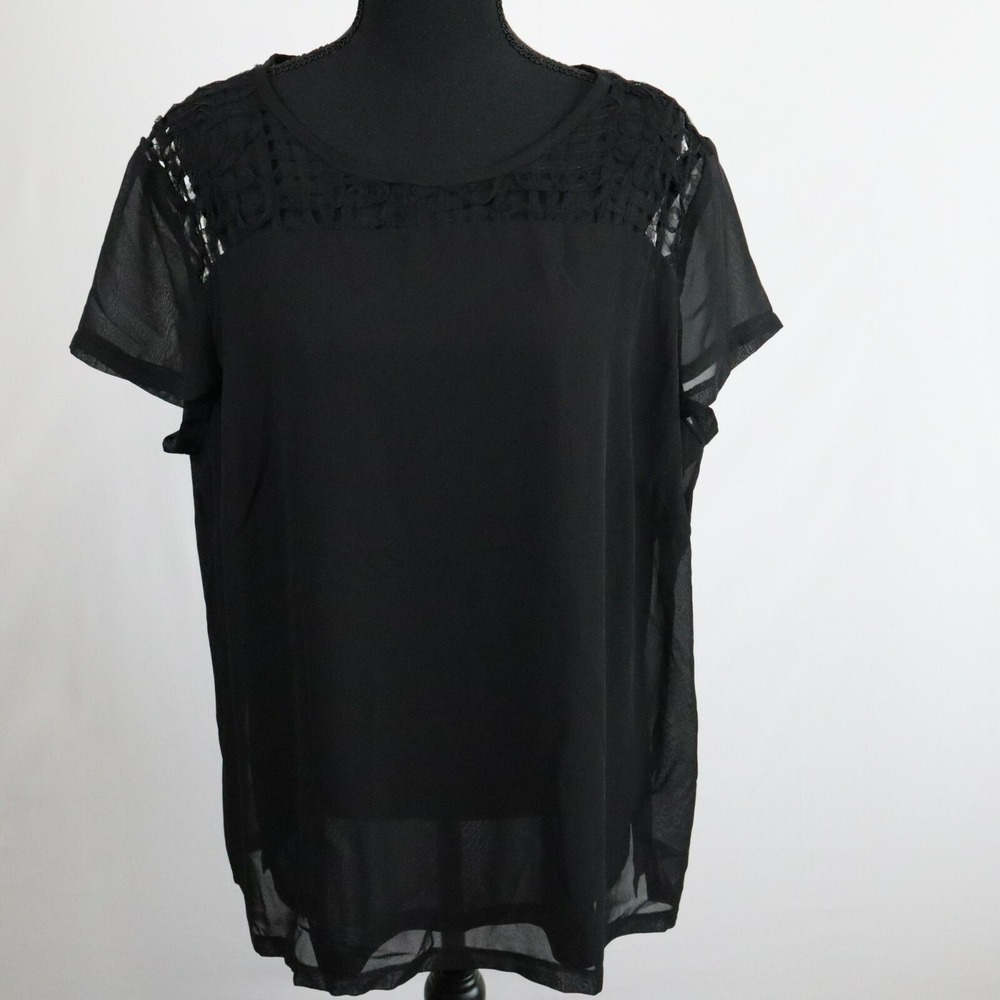 Creation L Top Womens 14 Blouse Sheer Lace Black Short Sleeve